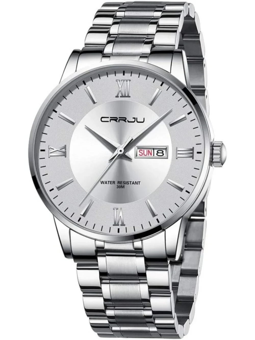 Men's Silver White Luxury Stainless Steel Chronograph Analog Quartz Round Watch
